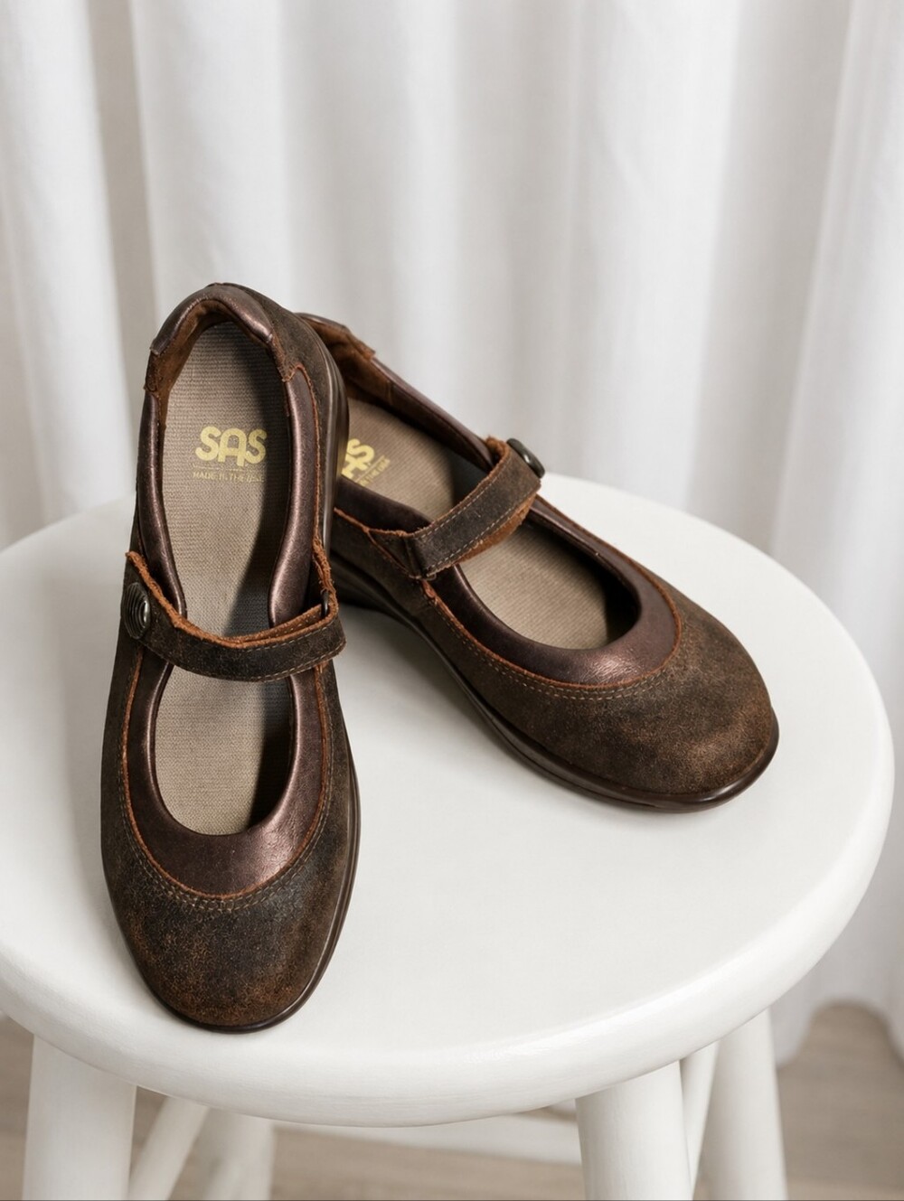 SAS Step Out Brown Rough Leather Mary Jane Hook Loop Strap Comfort Walking Shoes